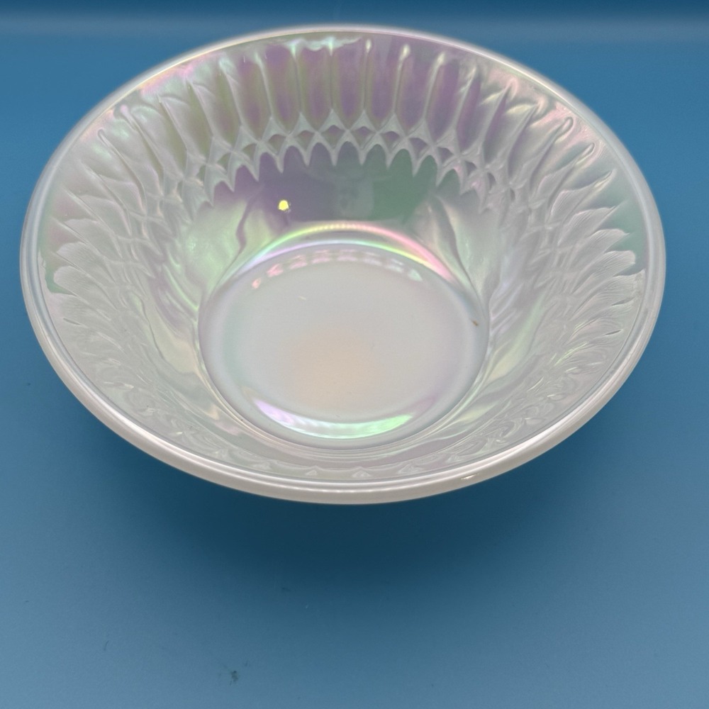 1960 Federal Glass Moonglow Iridescent 5” Bowl White Rainbow MCM Vintage